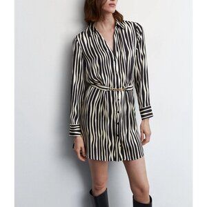 NWOT Mango Black & Cream Striped Satin Shirt‎ Dress XL